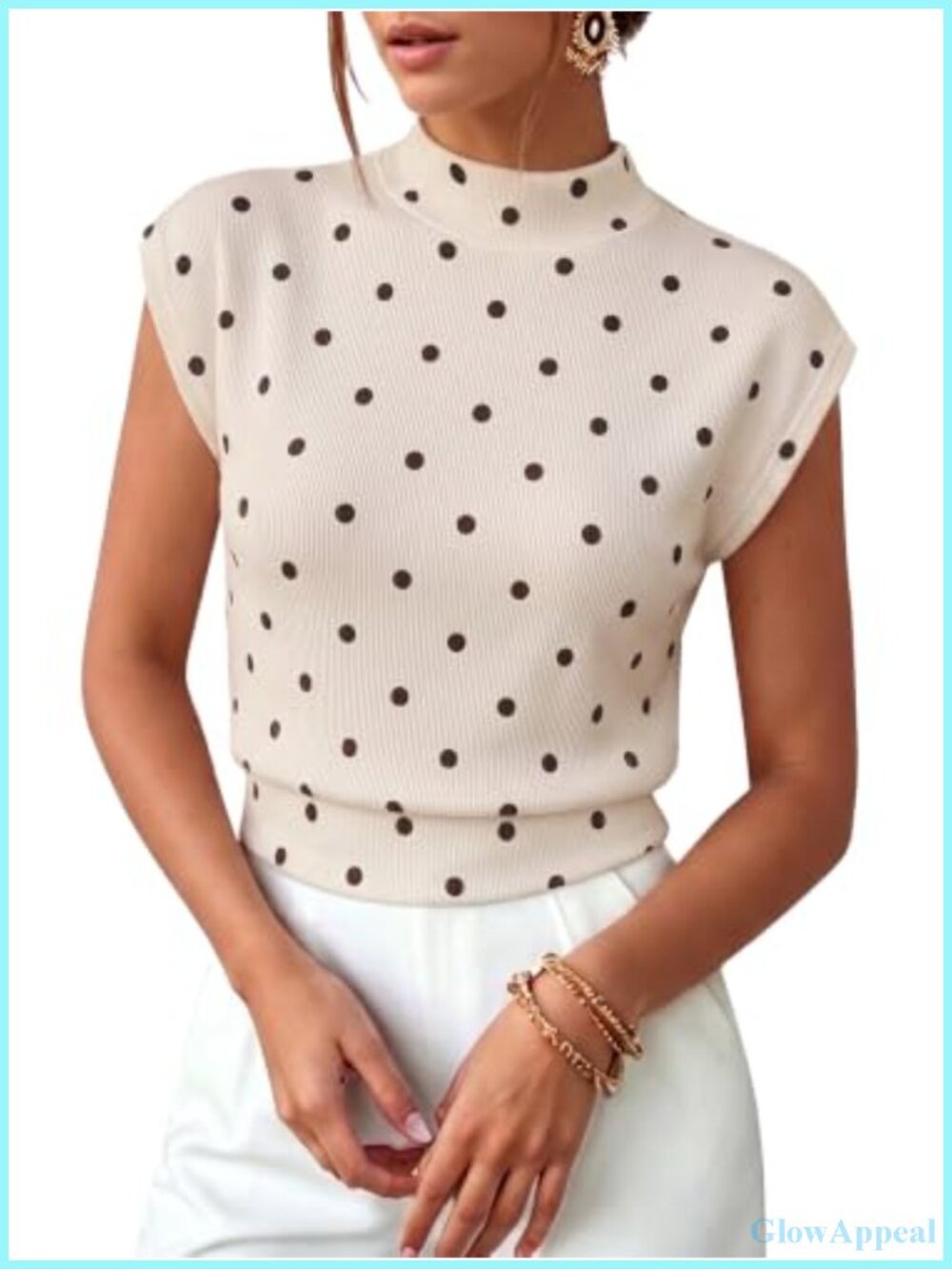 Women's Knit Mock Neck Tank Top Cap Sleeve Polka Dot Pullover Summer
